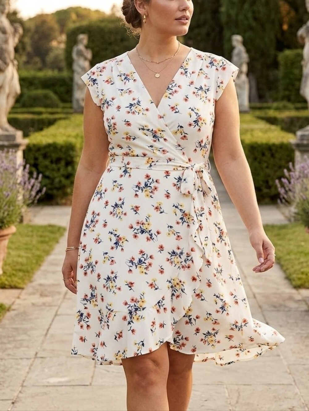 Floral Wrap Dress in Cream - V-Neck Cap Sleeve